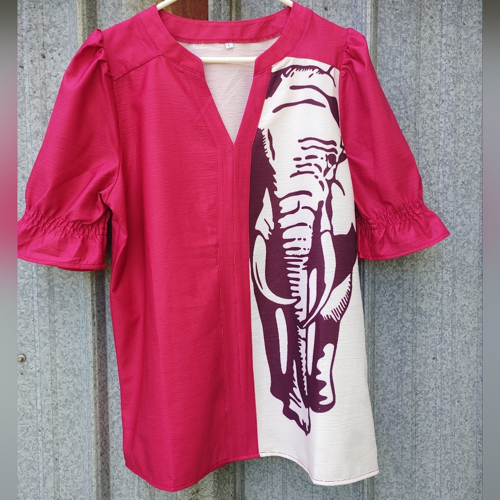 Crimson and White Elephant Print Blouse Size Large